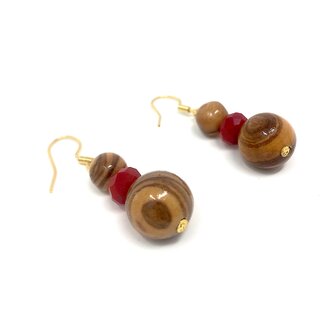 Ohrringe aus echten Olivenholz Perlen und roter Schmuckperle handgemacht Holzschmuck Schmuck aus Olivenholz Olivenholzschmuck Ohrhnger