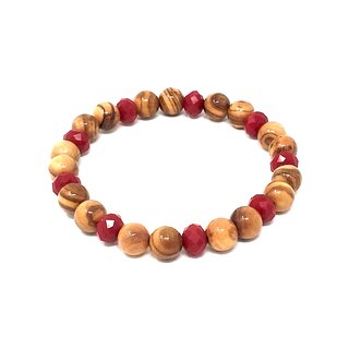 Armband aus echten Olivenholz Perlen mit roten Schmuckperlen handgemacht Holzschmuck Schmuck auch als Fukettchen tragbar