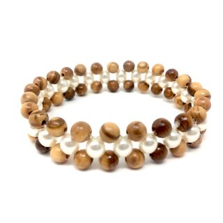 Armband aus echten Olivenholz Perlen und weien Schmuckperlen handgemacht Holzschmuck auch als Fukettchen tragbar