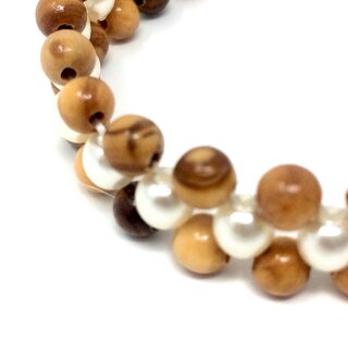 Armband aus echten Olivenholz Perlen und weien Schmuckperlen handgemacht Holzschmuck auch als Fukettchen tragbar