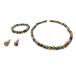 Schmuckset aus echten Olivenholz mit Halskette, Armband und Ohrringen mit trkisen Perlen - handgemacht - Holzschmuck