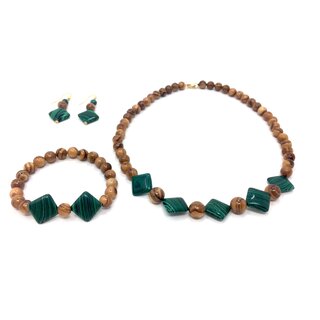 Schmuckset Halskette, Armband und Ohrringe aus Olivenholz mit grnen Applikationen handgemacht Mallorca Holzschmuck 