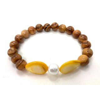 Armband aus Olivenholzperlen mit weier Perle und Gelben ovalen Schmuckstein handgefertigt auf Mallorca Sommer Einzelstck