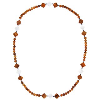 Halskette aus Olivenholz Perlen mit Rautenfrmigen Applikationen aus Olivenholz und weien Schmuckstein handgefertigt auf Mallorca