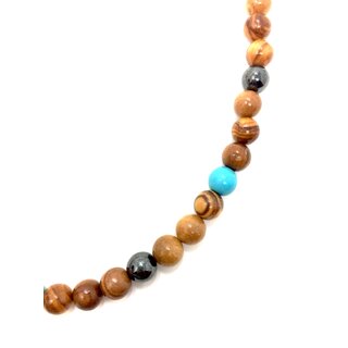 Halskette aus Olivenholz Perlen mit trkisem Stein und Hmatit Perle handgefertigt auf Mallorca Einzelstck Holzkette