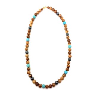 Halskette aus Olivenholz Perlen mit trkisem Stein und Hmatit Perle handgefertigt auf Mallorca Einzelstck Holzkette