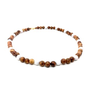 bagusto Halskette aus Olivenholz mit 8mm Perlen natur und wei 48cm lnge handgefertigt auf Mallorca Naturschmuck Einzelstck 