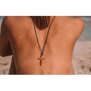 Necklace with cross made of genuine olive wood, handmade in Mallorca wood jewelry, chain with cruiser, rosary