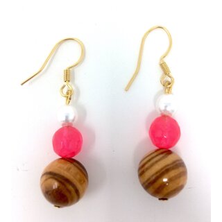 Earrings made of genuine olive wood beads and pink and white artificial pearl wooden jewelry jewelry made of olive wood olive wood jewelry earrings