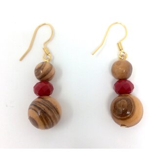 Earrings made of genuine olive wood beads and red artificial pearl handmade wooden jewelry jewelry made of olive wood olive wood jewelry earrings