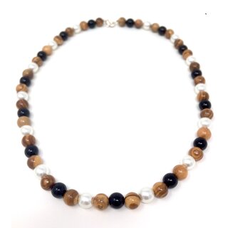 Necklace with pearls made of real olive wood and pearls handmade necklace jewelry made of olive wood