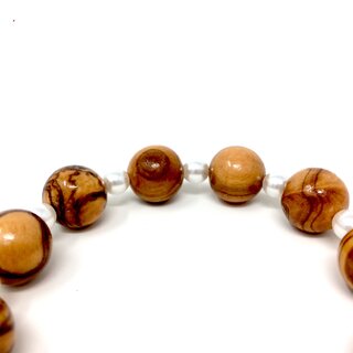Armband aus echten Olivenholz Perlen 14mm und weißen Schmuckperlen 6mm Holzschmuck handgemacht auf Mallorca Schmuck aus Olivenholz auch als Fußkettchen tragbar