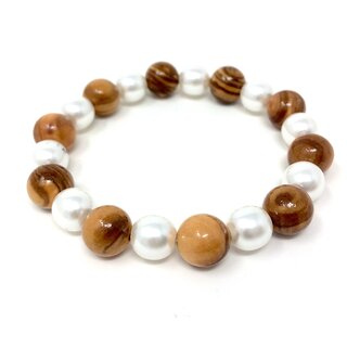 Bracelet made of genuine olive wood beads 10mm and white artificial beads 9mm handmade wooden jewelry jewelry made of olive wood also as anklet wearable
