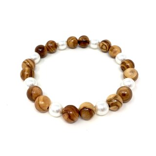 Armband aus echten Olivenholz Perlen 10mm und weißen Kunstperlen 9mm handgefertigt auf Mallorca Holzschmuck Schmuck aus Olivenholz auch als Fußkettchen zu tragen
