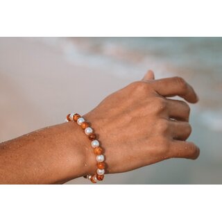 Armband aus echten Olivenholz Perlen und weißen Schmuckperlen 7mm - handgefertigt auf Mallorca - auch als Fußkettchen tragbar