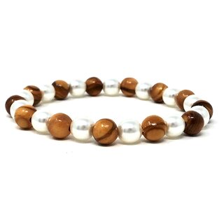 Bracelet made of genuine olive wood beads and white artificial pearls 7mm handmade wooden jewelry jewelry made of olive wood also as anklet wearable