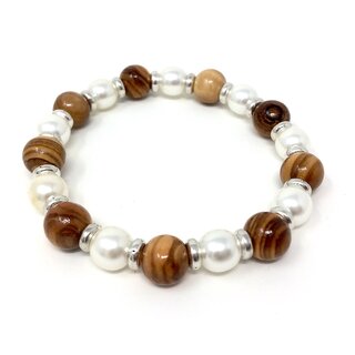 Bracelet made of genuine olive wood beads 10mm and white pearls 9mm with metal rings handmade wooden jewelry jewelry made of olive wood also as anklet wearable