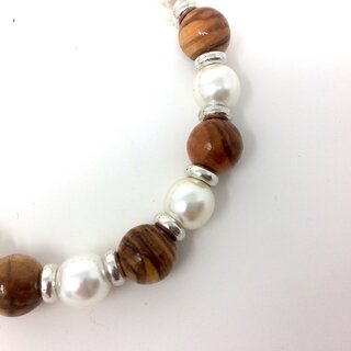Bracelet made of genuine olive wood beads 10mm and white pearls 9mm with metal rings handmade wooden jewelry jewelry made of olive wood also as anklet wearable