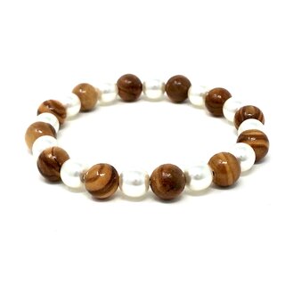 Bracelet made of genuine olive wood beads 8mm and white artificial beads 7mm handmade wooden jewelry jewelry made of olive wood also suitable as anklets