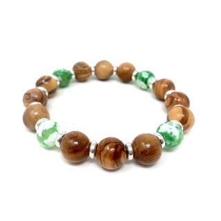 Bracelet made of genuine olive wood beads 12mm with green white glass beads 10mm with metal rings Handmade wooden jewelry Jewelry made of olive wood also wearable as anklet