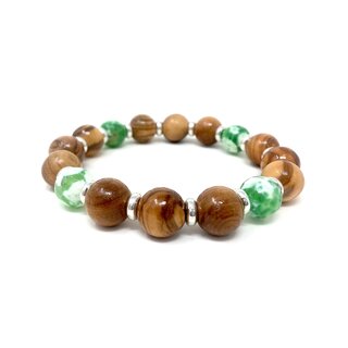 Bracelet made of genuine olive wood beads 12mm with green white glass beads 10mm with metal rings Handmade wooden jewelry Jewelry made of olive wood also wearable as anklet