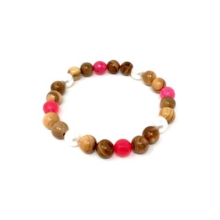 Bracelet made of genuine olive wood beads with white and pink pearls, handmade in Spain, wooden jewelry made of olive wood also as anklet wearable