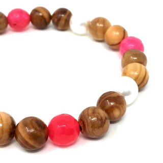 Bracelet made of genuine olive wood beads with white and pink pearls, handmade in Spain, wooden jewelry made of olive wood also as anklet wearable