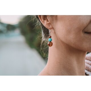 Earrings with pearls of real olive wood and turquoise blue Handmade wooden jewelry made of olive wood