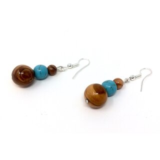 Earrings with pearls of real olive wood and turquoise blue Handmade wooden jewelry made of olive wood