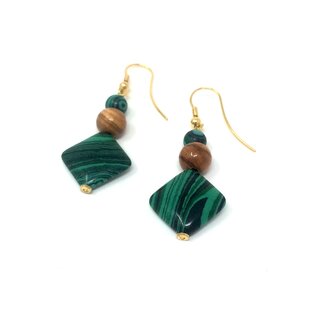 Earrings with pearls and green aplications of real olive wood handmade wooden jewelry jewelry made of olive wood olive wood jewelry earrings