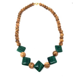 Necklace with pearls and green aplications of real olive wood handmade wooden jewelry jewelry made of olive wood