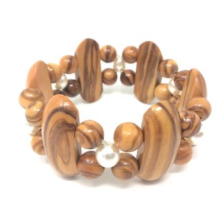 Bracelet made of genuine olive wood beads, limbs and white pearls handmade in Mallorca olive wood jewelry