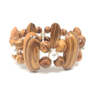 Bracelet made of genuine olive wood beads, limbs and white pearls handmade in Mallorca olive wood jewelry