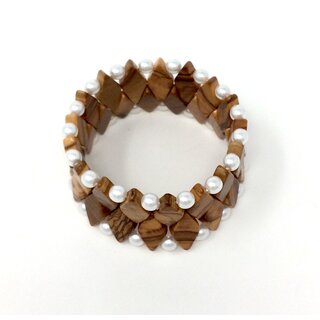 Bracelet made of genuine olive wood beads, limbs and white pearls handmade in Mallorca olive wood jewelery