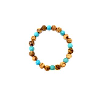 Genuine Olive Wood Bracelet with Turquoise Beads Handmade Spain Diameter 10mm Natural Product Stretch