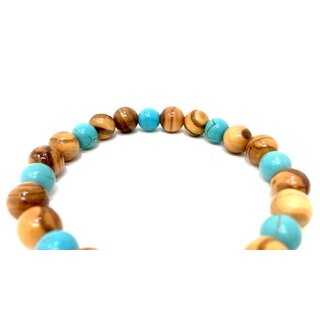 Genuine Olive Wood Bracelet with Turquoise Beads Handmade Spain Diameter 10mm Natural Product Stretch