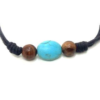 Genuine Olive Wood Beads Bracelet 10mm with Turquoise Oval Gemstone 8mm Handmade Spain Natural Product