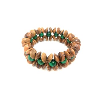 Armband breit aus echten Olivenholz Linsen 10mm und grünen Olivenholz Perlen 8mm - handgemacht - Naturprodukt - Stretch