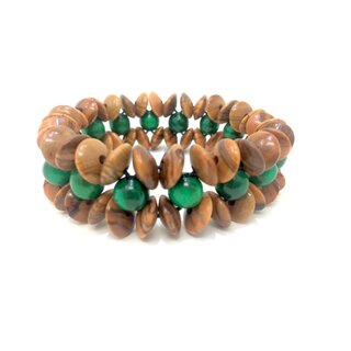 Bracelet Wide Genuine Olive Wood Lentils 10mm with Green Olive Wood Beads 8mm Handmade Spain Natural Product Stretch