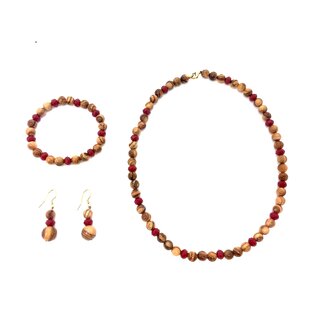 Jewelry set necklace, bracelet earrings made of genuine olive wood and red beads handmade wooden jewelry