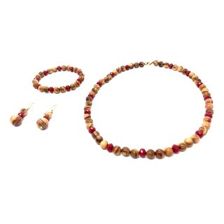 Jewelry set necklace, bracelet earrings made of genuine olive wood and red beads handmade wooden jewelry