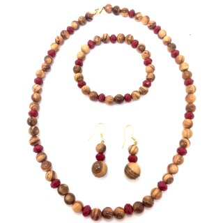 Schmuckset aus echten Olivenholz und roten Schmuckperlen Halskette, Armband und Ohrringe handgemacht Holzschmuck Mallorca