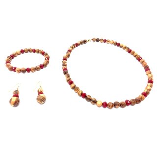 Schmuckset aus echten Olivenholz und roten Schmuckperlen Halskette, Armband und Ohrringe handgemacht Holzschmuck Mallorca