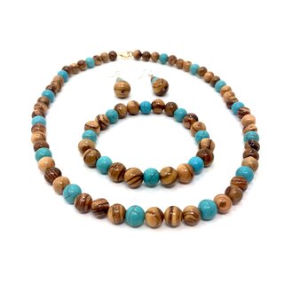 Jewelry set made of genuine olive wood with necklace, bracelet and earrings with turquoise beads handmade wooden jewelry