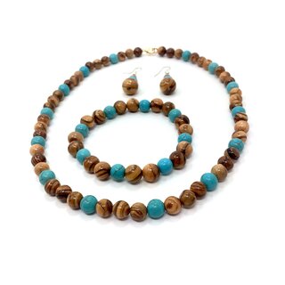 Jewelry set made of genuine olive wood with necklace, bracelet and earrings with turquoise beads handmade wooden jewelry