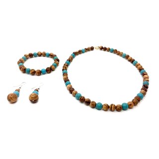 Schmuckset aus echten Olivenholz mit Halskette, Armband und Ohrringen mit türkisen Perlen - handgemacht - Holzschmuck