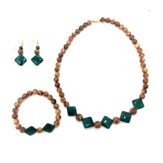 Schmuckset Halskette, Armband und Ohrringe aus Olivenholz mit grünen Applikationen handgemacht Mallorca Holzschmuck 