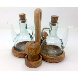 Vinegar oil set made of olive wood with salt and pepper shakers handmade in Mallorca unique salt shaker oil carafe