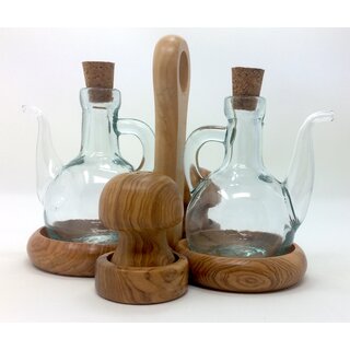 Vinegar oil set made of olive wood with salt and pepper shakers handmade in Mallorca unique salt shaker oil carafe