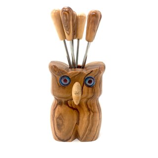 6 party sticks with holder in owl shape made of olive wood handmade in Mallorca cheese sticks fruit sticks